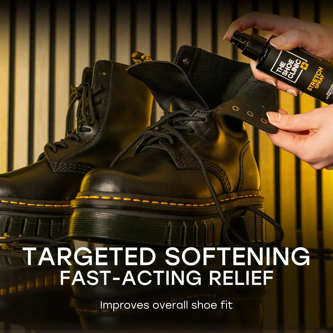 Person applying a spray to black boots with text about targeted softening and fast-acting relief.
