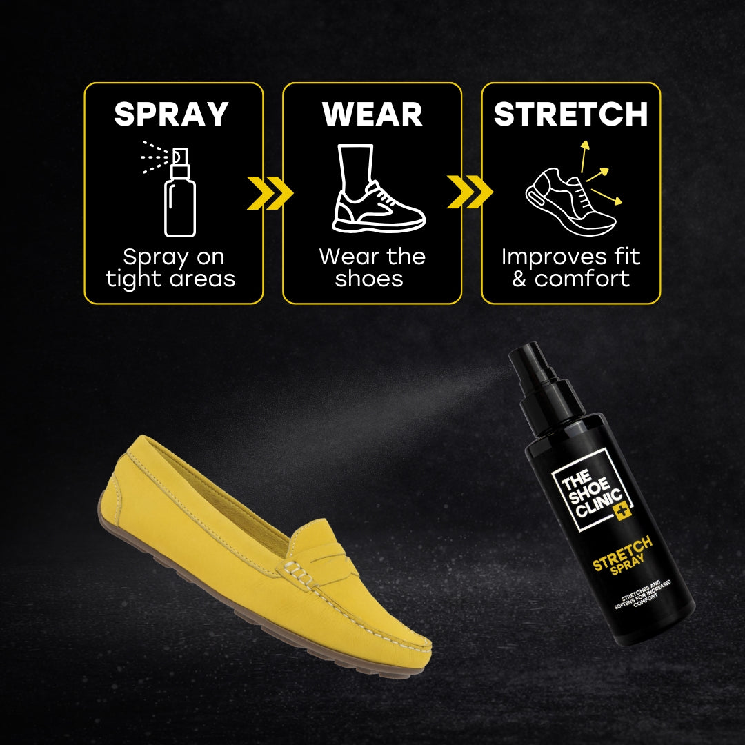 Shoe care product with yellow shoe and black spray bottle on a dark background