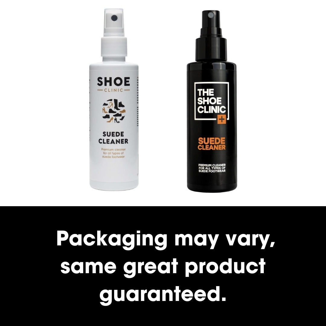 Two bottles of The Shoe Clinic suede cleaner on a white background, with text indicating product variation.