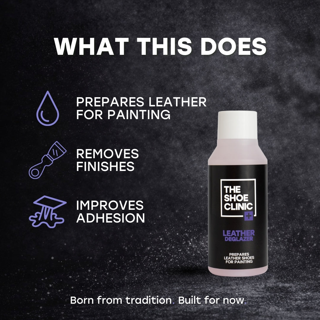 Bottle of The Shoe Clinic leather deglazer  with features listed on a dark background
