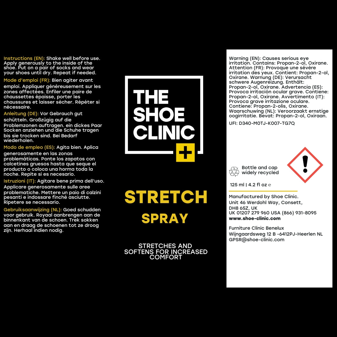 Back label of The Shoe Clinic Stretch Spray showing instructions in several languages and warning messages