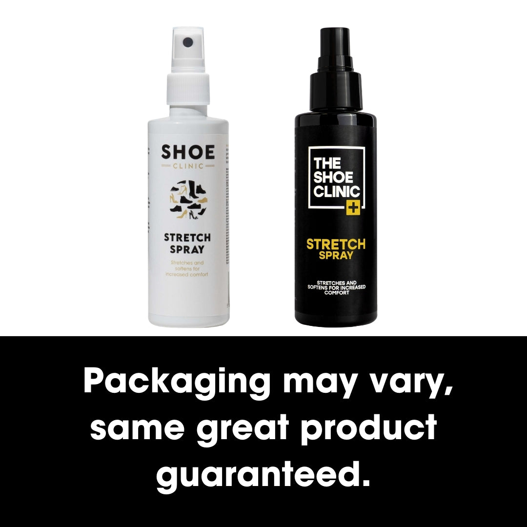 Two bottles of Shoe Clinic Stretch Spray on a white background with text indicating product variation.