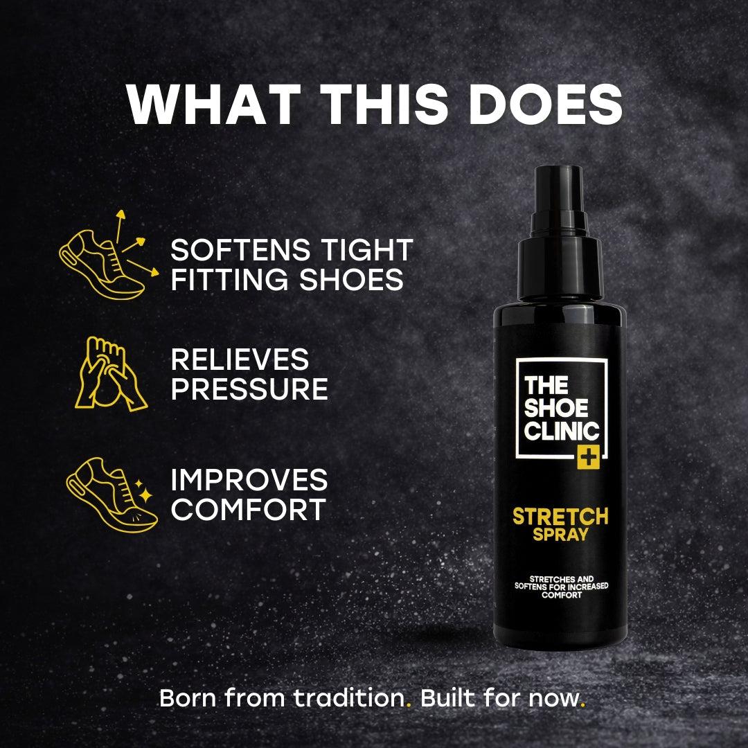 Black bottle of The Shoe Clinic Stretch Spray with features listed on a dark background