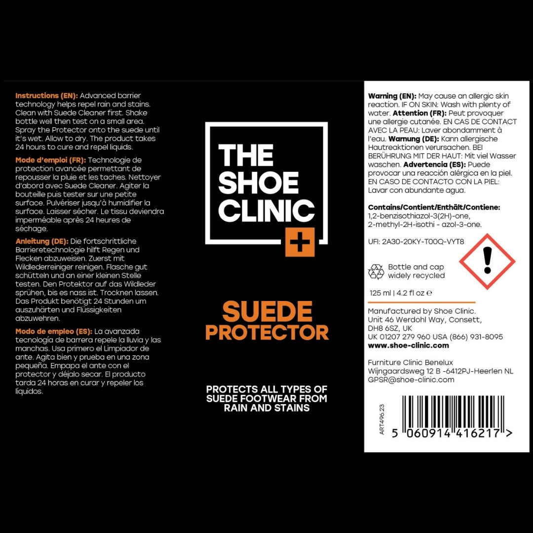 Label of The Shoe Clinic Suede Protector  showing instructions in several languages and warning messages