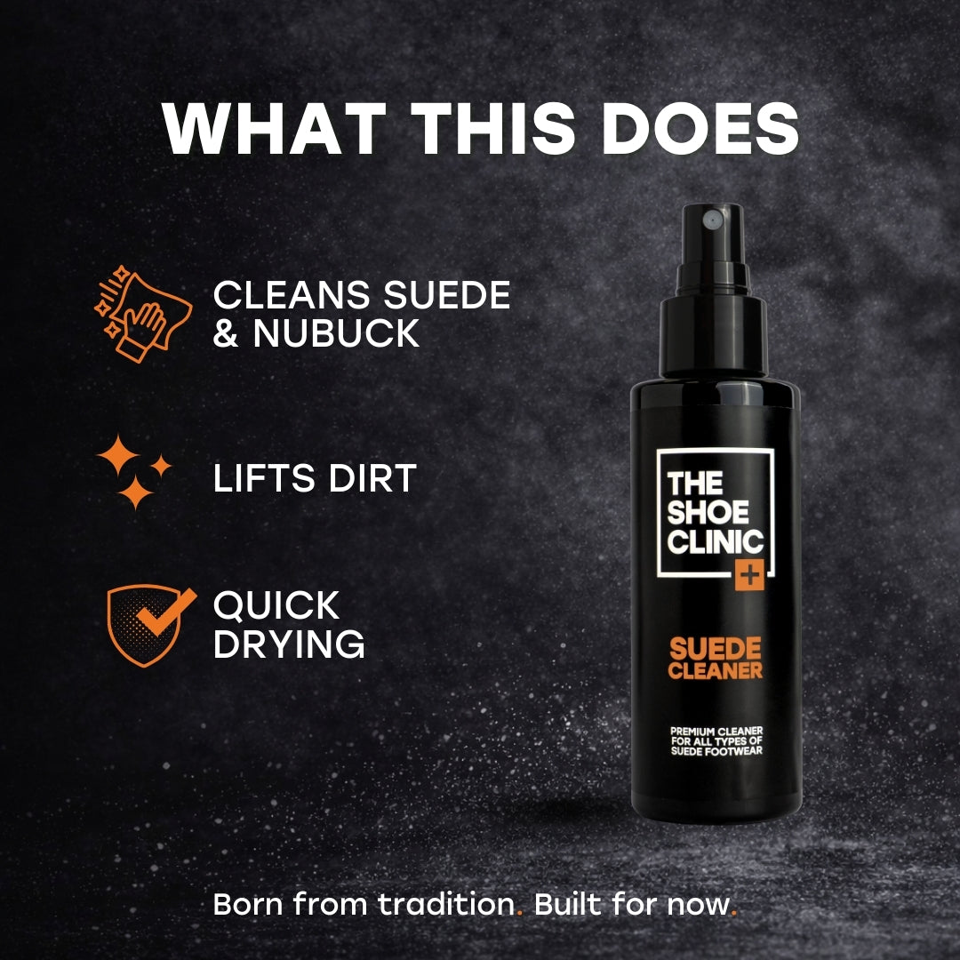 Shoe Clinic suede cleaner bottle with features on a dark background