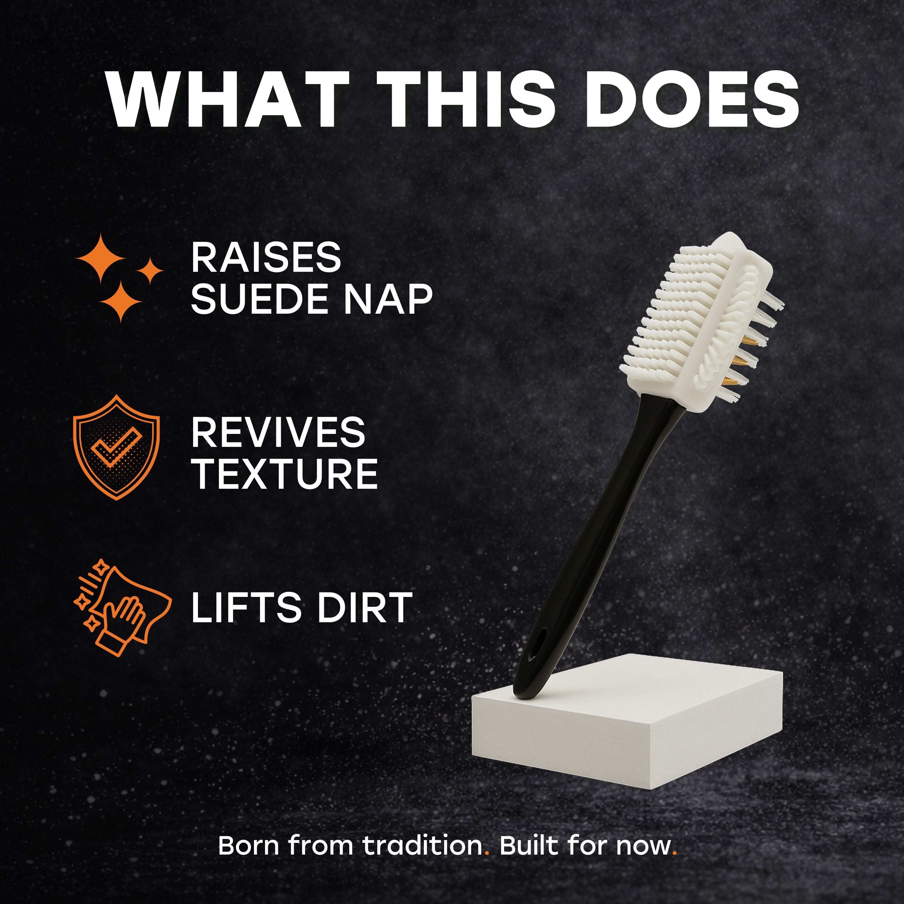 Suede cleaning brush with text describing its functions on a dark background